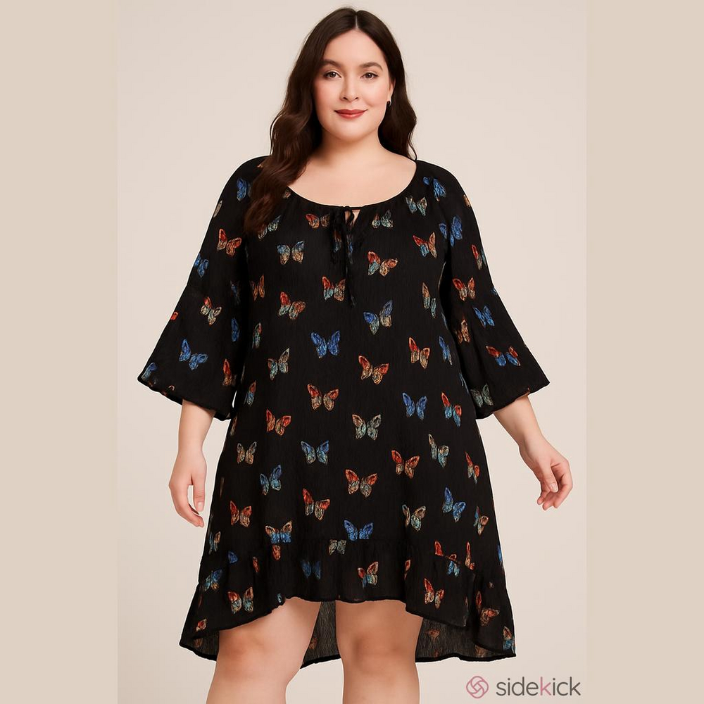 #214 EVANS multicolored butterflies on black Crinkle High-low Dress